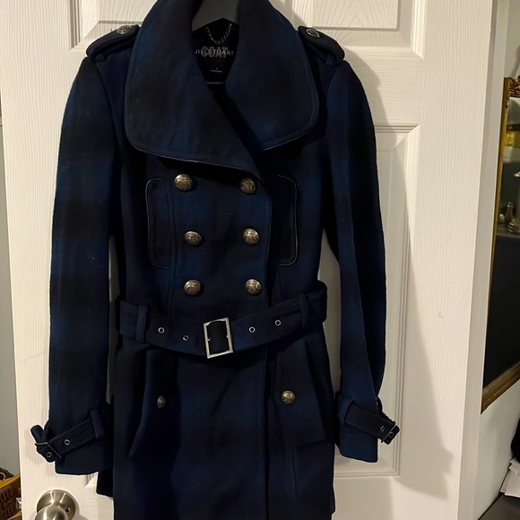 Vintage Jill Stuart plaid trench coat pea coat size small chest pocket - Picture 2 of 11